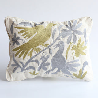 Embroidered Canvas Pillow, Birds (Sage Green & Cool Grey)