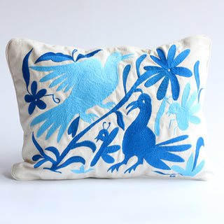 Embroidered Canvas Pillow, Birds (Sky & Electric Blue)