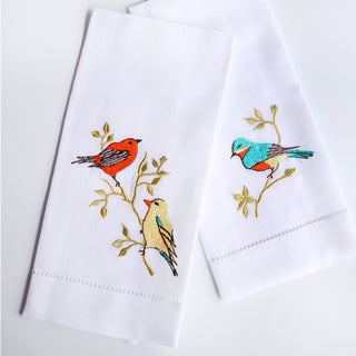 Embroidered Linen Hand Towels, Birds (Set of 2, Multi Colored Embroidery on White Linen)