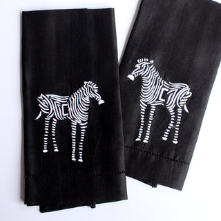 *Embroidered Linen Hand Towels, Zebra (Set of 2, White Embroidery on Black Linen)