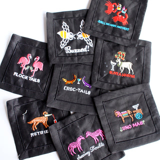 Embroidered Linen Party Cocktail Napkins (Set of 8, Assorted, Black)