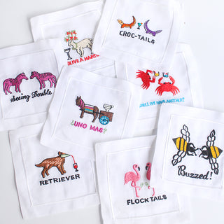 Embroidered Linen Party Cocktail Napkins (Set of 8, Assorted, White)