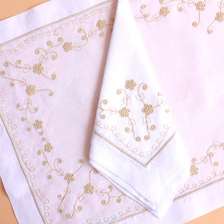 Embroidered Linen Placemats and Napkins Set, French Blooms (Set of 4, Beige or White)