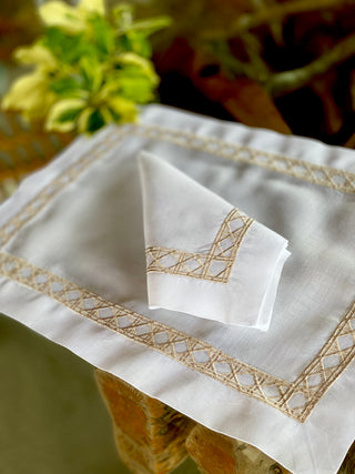 Embroidered Linen Placemat and Napkins Set, Solihiya (Set of 4, Beige on White)