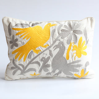 Embroidered Canvas Pillow, Birds (Yellow & Cool Grey)