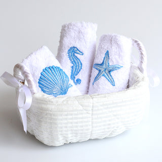 Embroidered Face Towel Set in a Quilted Basket, Coastal (Towel Set of 3)