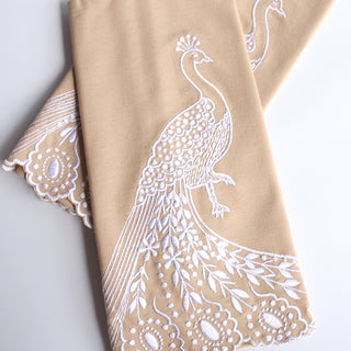 Embroidered Linen Hand Towels, Peacock (Set of 2, White Embroidery on Beige Linen)