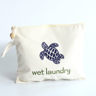 Embroidered Canvas Wet Laundry Pouches, Turtle (Blue & Green)