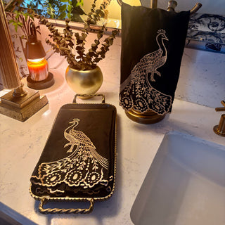 Embroidered Linen Hand Towels, Peacock (Set of 2)