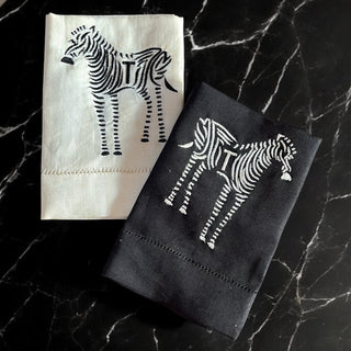 Embroidered Linen Hand Towels, Zebra (Set of 2, White Embroidery on Black Linen and black embroidery on white linen, personalized)